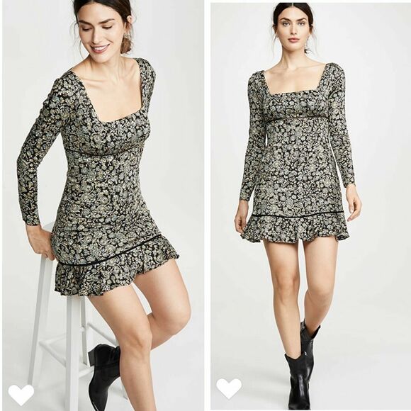 Free People Dresses & Skirts - Free People Boheme Dress 4 Small Black Green Long Sleeve Floral Mini A-Line